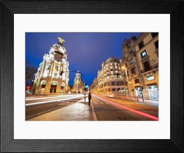 Framed Print : Car and traffic lights on Gran via street, main shopping street in Madrid at night. Spain, Europe. Lanmark in Madrid, Spain Framed Print : Car and traffic lights on Gran via street, main shopping street in Madrid at night. Spain, Europe. Lanmark in Madrid, Spain