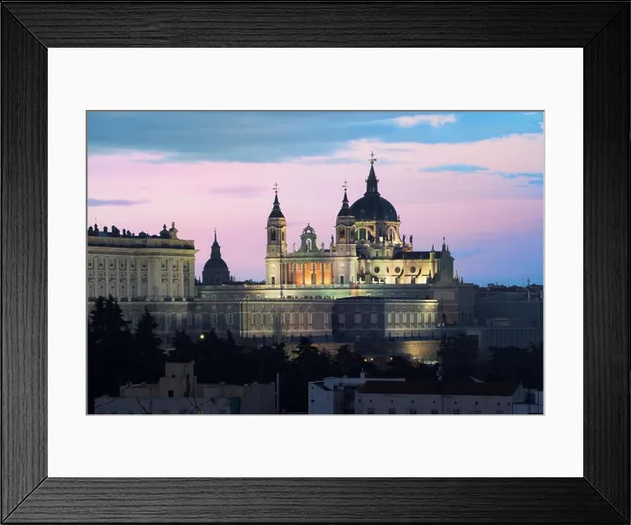 Framed Print : Madrid landmark at night. Landscape of Santa Maria la Real de La Almudena Cathedral and the Royal Palace. Beautiful skyline at Madrid, Spain