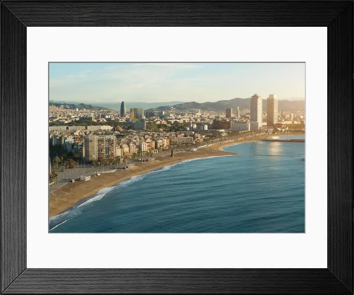 Framed Print : Aerial view of Barcelona Beach in summer day along seaside in Barcelona, Spain. Mediterranean Sea in Spain Framed Print : Aerial view of Barcelona Beach in summer day along seaside in Barcelona, Spain. Mediterranean Sea in Spain