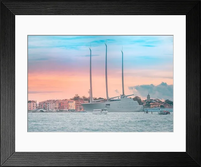 Framed Print : 09.22.19. Venice, Italy: Sailing Yacht A, worlds biggest luxury yacht, sailboat, anchored in Venice, Grand Canal. Waterfront in Venice and moored sail Framed Print : 09.22.19. Venice, Italy: Sailing Yacht A, worlds biggest luxury yacht, sailboat, anchored in Venice, Grand Canal. Waterfront in Venice and moored sail