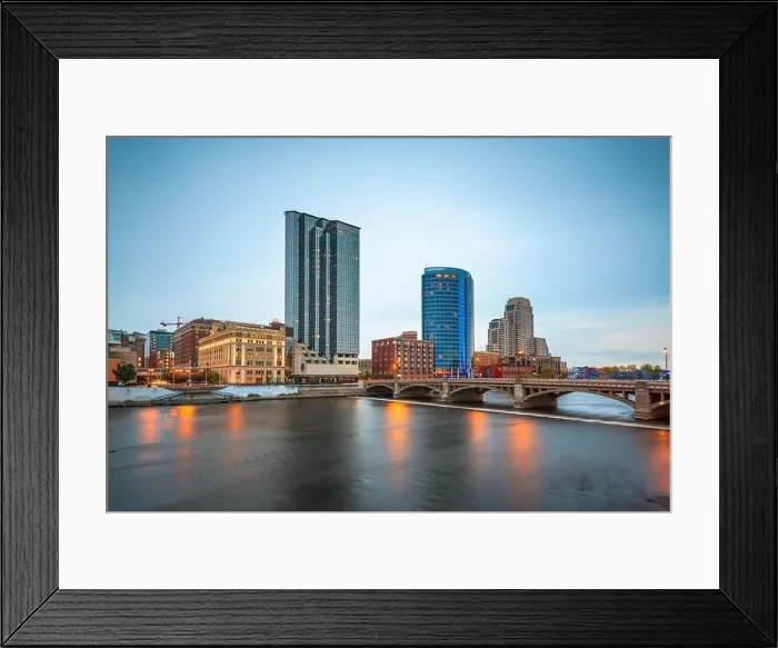 Framed Print : Grand Rapids, Michigan, USA downtown skyline on the Grand River at dusk Framed Print : Grand Rapids, Michigan, USA downtown skyline on the Grand River at dusk