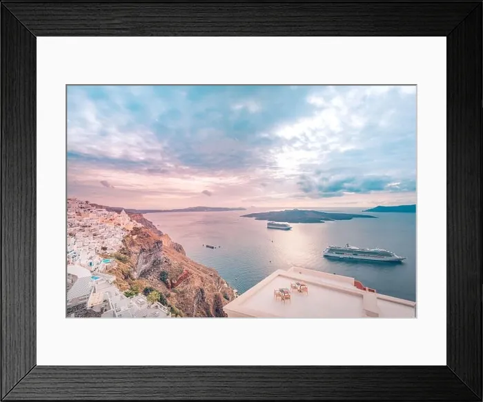 Framed Print : Fantastic evening view of Santorini island. Picturesque spring sunset on famous view resort Fira, Greece, Europe. Traveling concept background. Sunset Framed Print : Fantastic evening view of Santorini island. Picturesque spring sunset on famous view resort Fira, Greece, Europe. Traveling concept background. Sunset