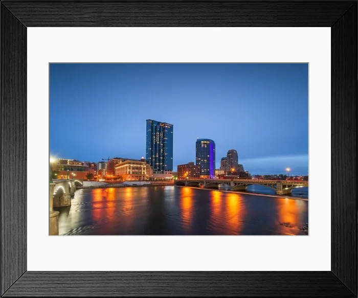 Framed Print : Grand Rapids, Michigan, USA downtown skyline on the Grand River at dusk Framed Print : Grand Rapids, Michigan, USA downtown skyline on the Grand River at dusk