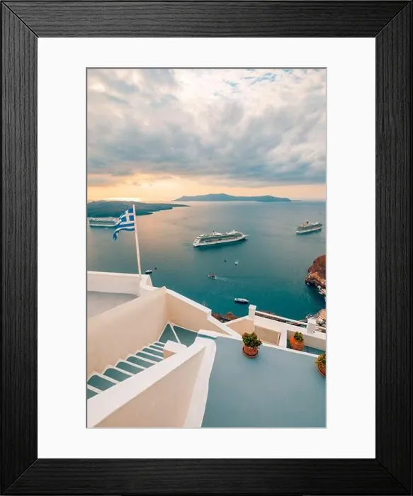 Framed Print : Fantastic evening view of Santorini island. Picturesque spring sunset on famous view resort Fira, Greece, Europe. Traveling concept background. Sunset Framed Print : Fantastic evening view of Santorini island. Picturesque spring sunset on famous view resort Fira, Greece, Europe. Traveling concept background. Sunset