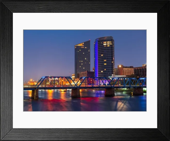 Framed Print : Grand Rapids, Michigan, USA downtown skyline on the Grand River at dusk Framed Print : Grand Rapids, Michigan, USA downtown skyline on the Grand River at dusk