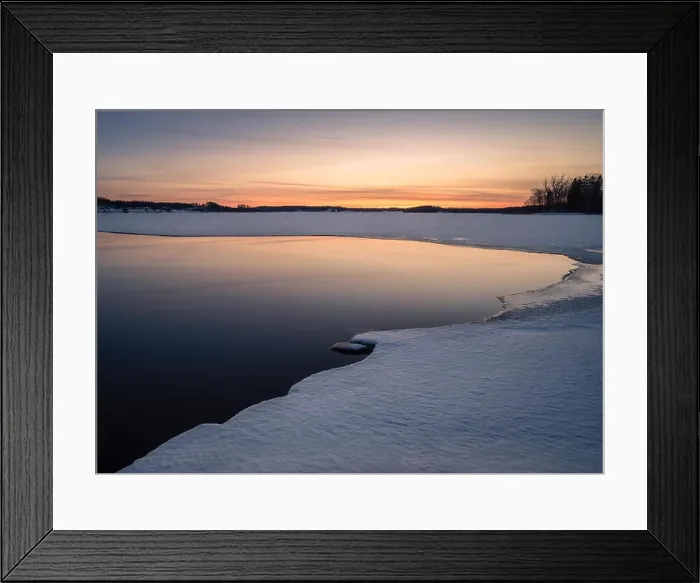 Framed Print : Scenic landscape with melted lake an sunset at evening in Finland Framed Print : Scenic landscape with melted lake an sunset at evening in Finland