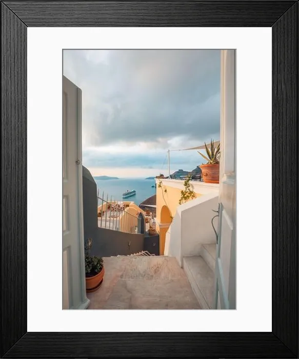 Framed Print : Fantastic evening view of Santorini island. Picturesque spring sunset on famous view resort Fira, Greece, Europe. Traveling concept background. Sunset Framed Print : Fantastic evening view of Santorini island. Picturesque spring sunset on famous view resort Fira, Greece, Europe. Traveling concept background. Sunset