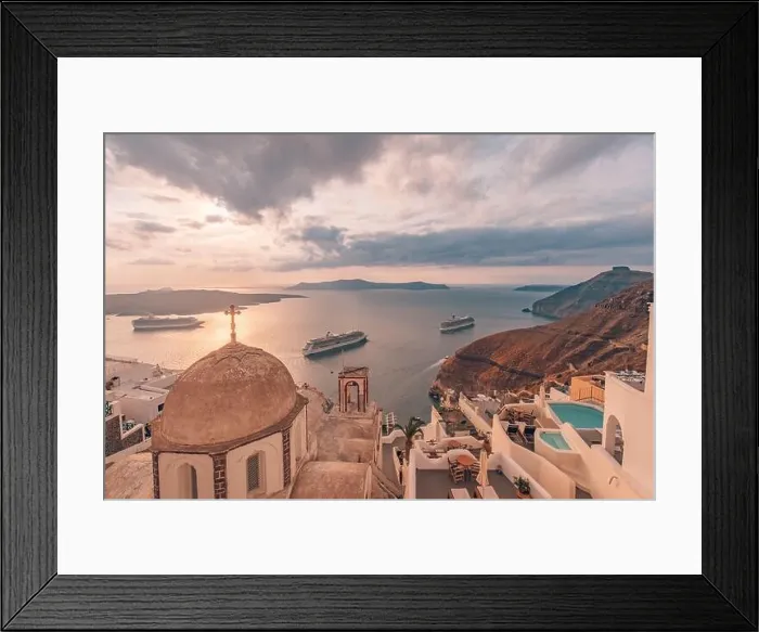 Framed Print : Fantastic evening view of Santorini island. Picturesque spring sunset on famous view resort Fira, Greece, Europe. Traveling concept background. Sunset Framed Print : Fantastic evening view of Santorini island. Picturesque spring sunset on famous view resort Fira, Greece, Europe. Traveling concept background. Sunset