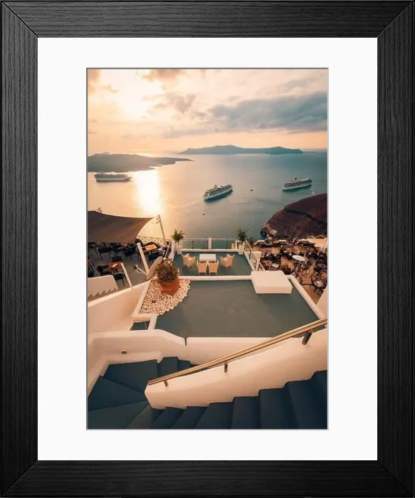 Framed Print : Fantastic evening view of Santorini island. Picturesque spring sunset on famous view resort Fira, Greece, Europe. Traveling concept background. Sunset Framed Print : Fantastic evening view of Santorini island. Picturesque spring sunset on famous view resort Fira, Greece, Europe. Traveling concept background. Sunset