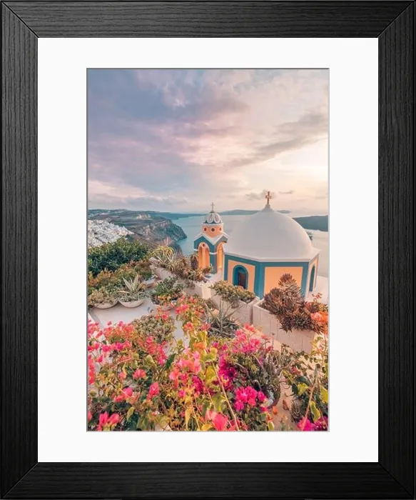 Framed Print : Fantastic evening view of Santorini island. Picturesque spring sunset on famous view resort Fira, Greece, Europe. Traveling concept background. Sunset