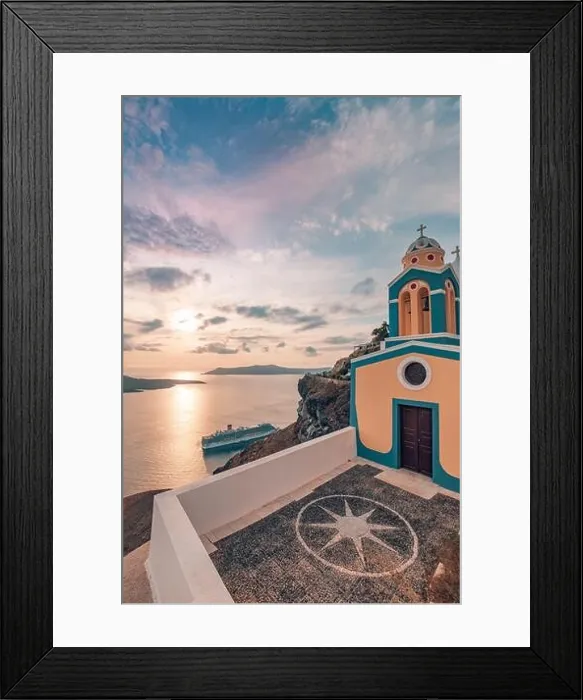 Framed Print : Fantastic evening view of Santorini island. Picturesque spring sunset on famous view resort Fira, Greece, Europe. Traveling concept background. Sunset