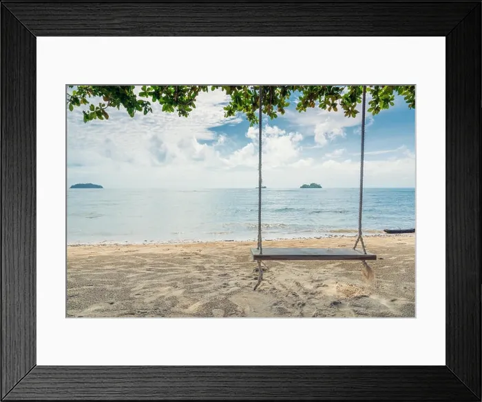 Framed Print : Wooden swing chair hanging on tree near beach at island in Phuket, Thailand. Summer Vacation Travel and Holiday concept Framed Print : Wooden swing chair hanging on tree near beach at island in Phuket, Thailand. Summer Vacation Travel and Holiday concept