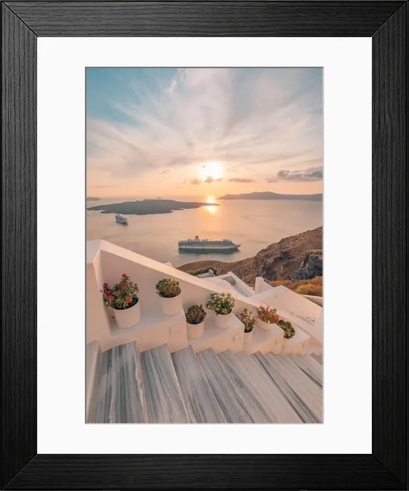 Framed Print : Fantastic evening view of Santorini island. Picturesque spring sunset on famous view resort Fira, Greece, Europe. Traveling concept background. Sunset Framed Print : Fantastic evening view of Santorini island. Picturesque spring sunset on famous view resort Fira, Greece, Europe. Traveling concept background. Sunset
