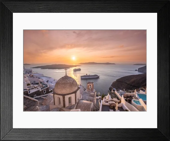 Framed Print : Fantastic evening view of Santorini island. Picturesque spring sunset on famous view resort Fira, Greece, Europe. Traveling concept background. Sunset Framed Print : Fantastic evening view of Santorini island. Picturesque spring sunset on famous view resort Fira, Greece, Europe. Traveling concept background. Sunset