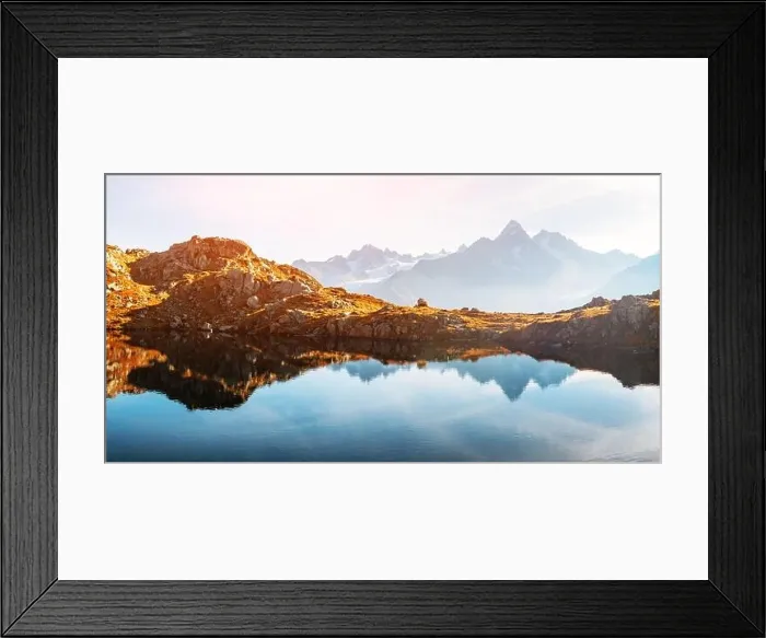 Framed Print : Picturesque panorama of Chesery lake (Lac De Cheserys) and snowy Monte Bianco mountains range on background, Chamonix, France Alps Framed Print : Picturesque panorama of Chesery lake (Lac De Cheserys) and snowy Monte Bianco mountains range on background, Chamonix, France Alps