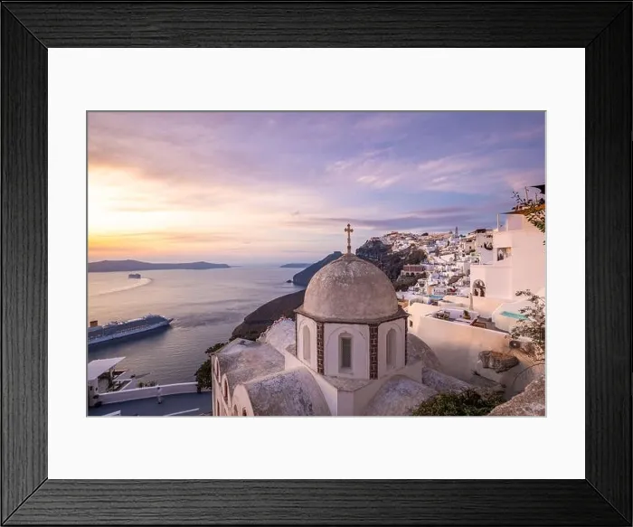 Framed Print : Fantastic evening view of Santorini island. Picturesque spring sunset on famous view resort Fira, Greece, Europe. Traveling concept background. Sunset Framed Print : Fantastic evening view of Santorini island. Picturesque spring sunset on famous view resort Fira, Greece, Europe. Traveling concept background. Sunset