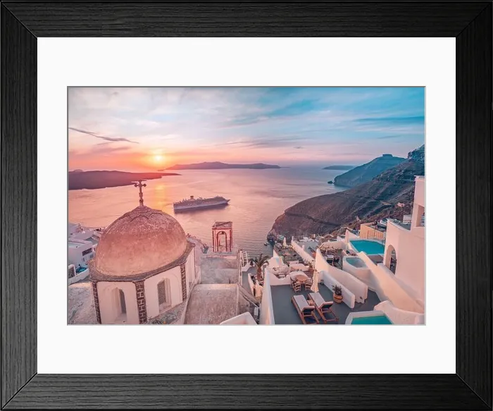 Framed Print : Fantastic evening view of Santorini island. Picturesque spring sunset on famous view resort Fira, Greece, Europe. Traveling concept background. Sunset Framed Print : Fantastic evening view of Santorini island. Picturesque spring sunset on famous view resort Fira, Greece, Europe. Traveling concept background. Sunset