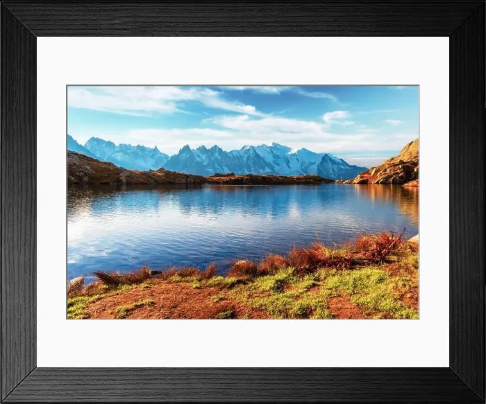 Framed Print : Picturesque view of Chesery lake (Lac De Cheserys) and snowy Monte Bianco mountains range on background, Chamonix, France Alps. Landscape photography Framed Print : Picturesque view of Chesery lake (Lac De Cheserys) and snowy Monte Bianco mountains range on background, Chamonix, France Alps. Landscape photography