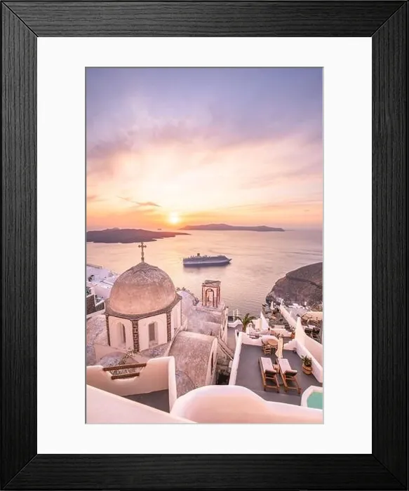 Framed Print : Fantastic evening view of Santorini island. Picturesque spring sunset on famous view resort Fira, Greece, Europe. Traveling concept background. Sunset Framed Print : Fantastic evening view of Santorini island. Picturesque spring sunset on famous view resort Fira, Greece, Europe. Traveling concept background. Sunset
