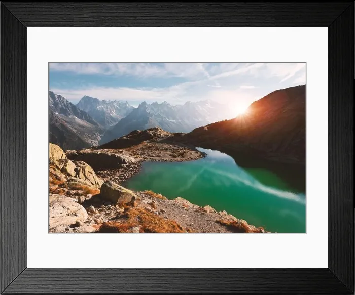 Framed Print : Incredible view of clear water and sky reflection on Lac Blanc lake in France Alps. Monte Bianco mountains range on background Framed Print : Incredible view of clear water and sky reflection on Lac Blanc lake in France Alps. Monte Bianco mountains range on background