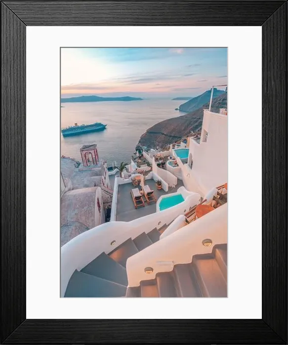 Framed Print : Fantastic evening view of Santorini island. Picturesque spring sunset on famous view resort Fira, Greece, Europe. Traveling concept background. Sunset Framed Print : Fantastic evening view of Santorini island. Picturesque spring sunset on famous view resort Fira, Greece, Europe. Traveling concept background. Sunset