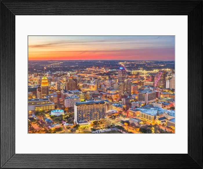 Framed Print : San Antonio, Texas, USA downtown skyline from above at dusk Framed Print : San Antonio, Texas, USA downtown skyline from above at dusk