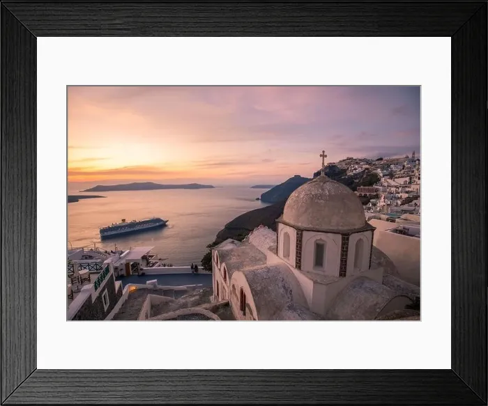 Framed Print : Fantastic evening view of Santorini island. Picturesque spring sunset on famous view resort Fira, Greece, Europe. Traveling concept background. Sunset Framed Print : Fantastic evening view of Santorini island. Picturesque spring sunset on famous view resort Fira, Greece, Europe. Traveling concept background. Sunset