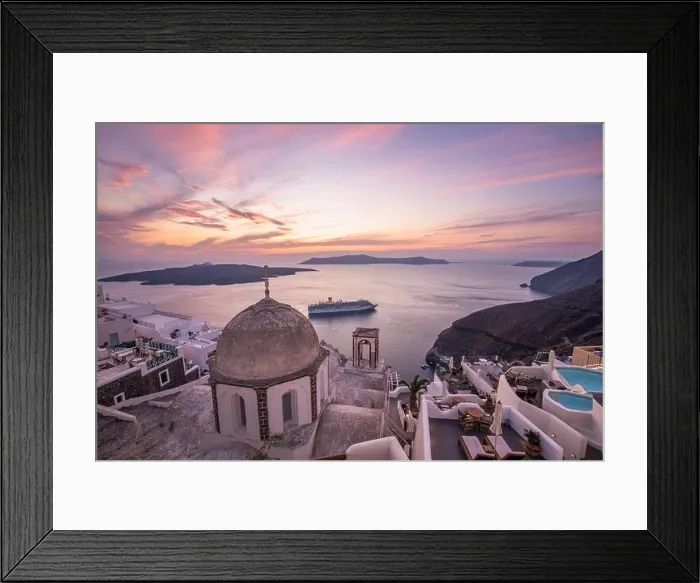Framed Print : Fantastic evening view of Santorini island. Picturesque spring sunset on famous view resort Fira, Greece, Europe. Traveling concept background. Sunset Framed Print : Fantastic evening view of Santorini island. Picturesque spring sunset on famous view resort Fira, Greece, Europe. Traveling concept background. Sunset
