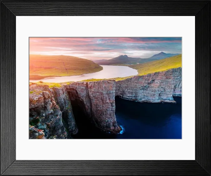 Framed Print : Incredible view of Sorvagsvatn lake on cliffs of Vagar island in sunset time, Faroe Islands, Denmark. Landscape photography