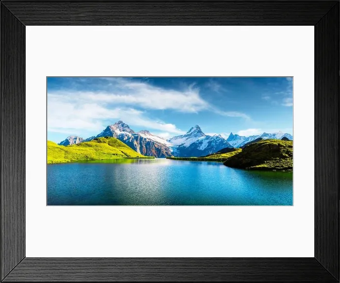 Framed Print : Panorama of Bachalpsee lake in Swiss Alps mountains. Snowy peaks of Wetterhorn, Mittelhorn and Rosenhorn on background Framed Print : Panorama of Bachalpsee lake in Swiss Alps mountains. Snowy peaks of Wetterhorn, Mittelhorn and Rosenhorn on background
