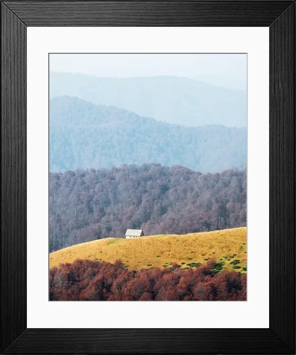 Framed Print : Picturesque autumn meadow with wooden house and red beech trees in the Carpathian mountains, Ukraine. Landscape photography Framed Print : Picturesque autumn meadow with wooden house and red beech trees in the Carpathian mountains, Ukraine. Landscape photography