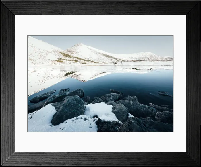 Framed Print : Frozen mountain lake with blue ice Framed Print : Frozen mountain lake with blue ice