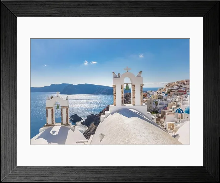 Framed Print : Santorini, Greece. Picturesque sea view of traditional cycladic Santorini houses on small street with flowers in foreground. Amazing travel landscape Framed Print : Santorini, Greece. Picturesque sea view of traditional cycladic Santorini houses on small street with flowers in foreground. Amazing travel landscape
