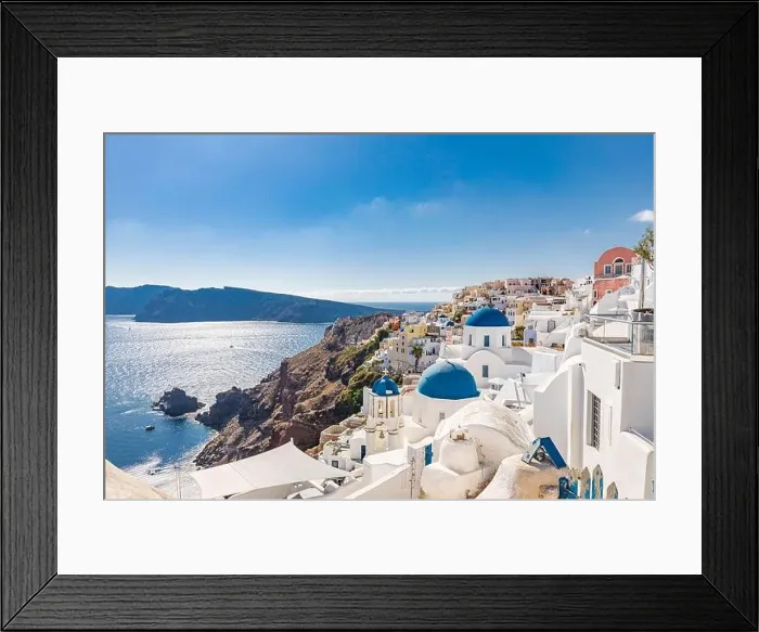 Framed Print : White architecture of Oia village on Santorini island, Greece. Amazing sea view, summer vacation landscape. Luxury travel destination, famous landmark Framed Print : White architecture of Oia village on Santorini island, Greece. Amazing sea view, summer vacation landscape. Luxury travel destination, famous landmark