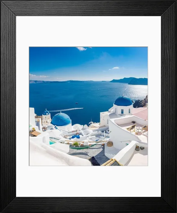 Framed Print : White architecture of Oia village on Santorini island, Greece. Amazing sea view, summer vacation landscape. Luxury travel destination, famous landmark Framed Print : White architecture of Oia village on Santorini island, Greece. Amazing sea view, summer vacation landscape. Luxury travel destination, famous landmark
