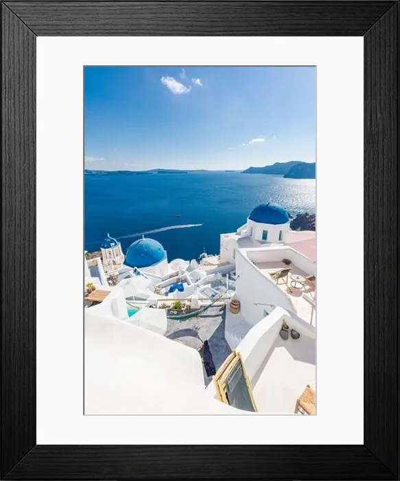 Framed Print : White architecture of Oia village on Santorini island, Greece. Amazing sea view, summer vacation landscape. Luxury travel destination, famous landmark Framed Print : White architecture of Oia village on Santorini island, Greece. Amazing sea view, summer vacation landscape. Luxury travel destination, famous landmark