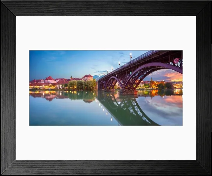Framed Print : Maribor, Slovenia. Cityscape image of Maribor, Slovenia at beautiful summer sunrise with reflection of the city in Drava River Framed Print : Maribor, Slovenia. Cityscape image of Maribor, Slovenia at beautiful summer sunrise with reflection of the city in Drava River