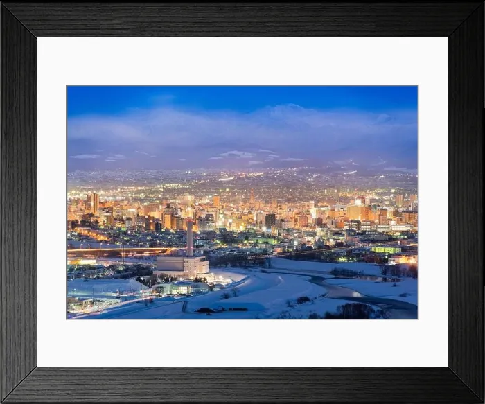 Framed Print : Asahikawa, Japan twilight winter cityscape in Hokkaido Framed Print : Asahikawa, Japan twilight winter cityscape in Hokkaido