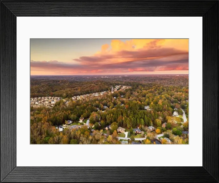 Framed Print : Suburban neighborhoods viewed from above during an autumn dusk Framed Print : Suburban neighborhoods viewed from above during an autumn dusk