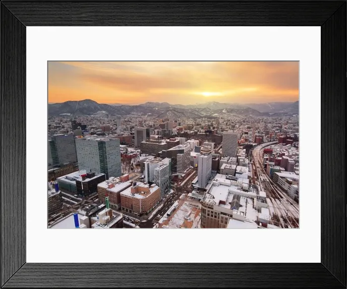 Framed Print : Sapporo, Hokkaido, Japan downtown skyline from above at twilight