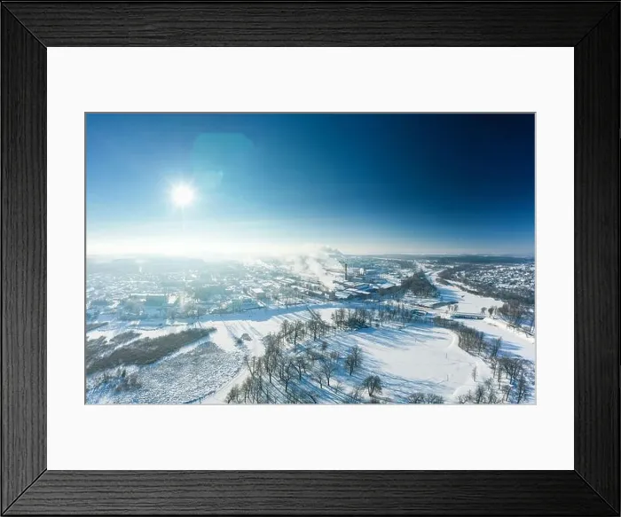 Framed Print : Aerial View Of Old And Modern Paper Factory In Sunny Winter Morning. Historical Heritage In Bird's-eye View. Dobrush, Gomel Region, Belarus