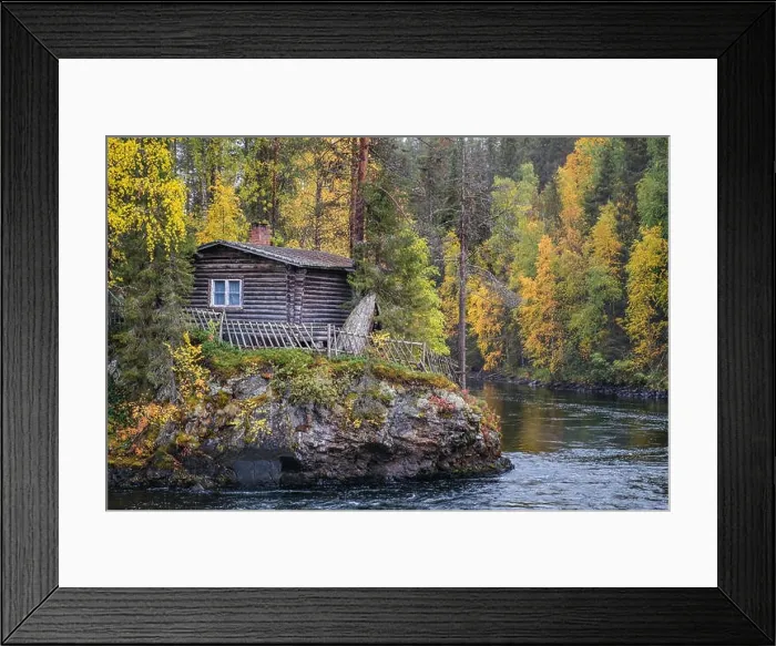 Framed Print : Beautiful fall colors with cabin and river at autumn day in Myllykoski, Kuusamo, Finland Framed Print : Beautiful fall colors with cabin and river at autumn day in Myllykoski, Kuusamo, Finland