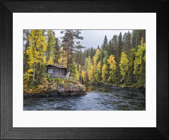 Framed Print : Beautiful fall colors with cabin and river at autumn day in Myllykoski, Kuusamo, Finland Framed Print : Beautiful fall colors with cabin and river at autumn day in Myllykoski, Kuusamo, Finland