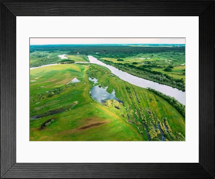 Framed Print : Aerial View. Green Forest, Meadow And River Marsh Landscape In Summer. Top View Of European Nature From High Attitude In Spring. Bird's Eye View Of Framed Print : Aerial View. Green Forest, Meadow And River Marsh Landscape In Summer. Top View Of European Nature From High Attitude In Spring. Bird's Eye View Of