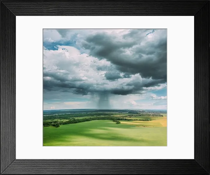 Framed Print : Aerial View Of Rain Above Countryside Rural Field Or Meadow Landscape With Green Grass Under Scenic Spring Dramatic Sky With White Fluffy Clouds. Rain Framed Print : Aerial View Of Rain Above Countryside Rural Field Or Meadow Landscape With Green Grass Under Scenic Spring Dramatic Sky With White Fluffy Clouds. Rain