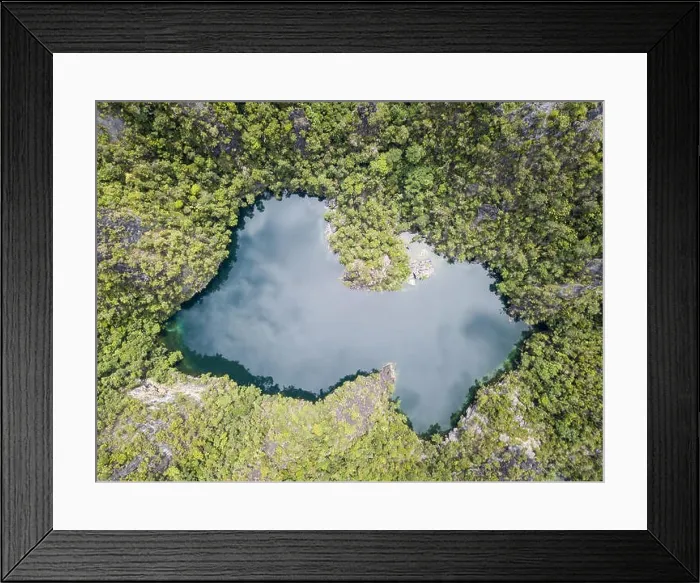 Framed Print : An isolated marine lake is found inside a remote limestone island near Misool in Raja Ampat. This tropical region has high marine biodiversity