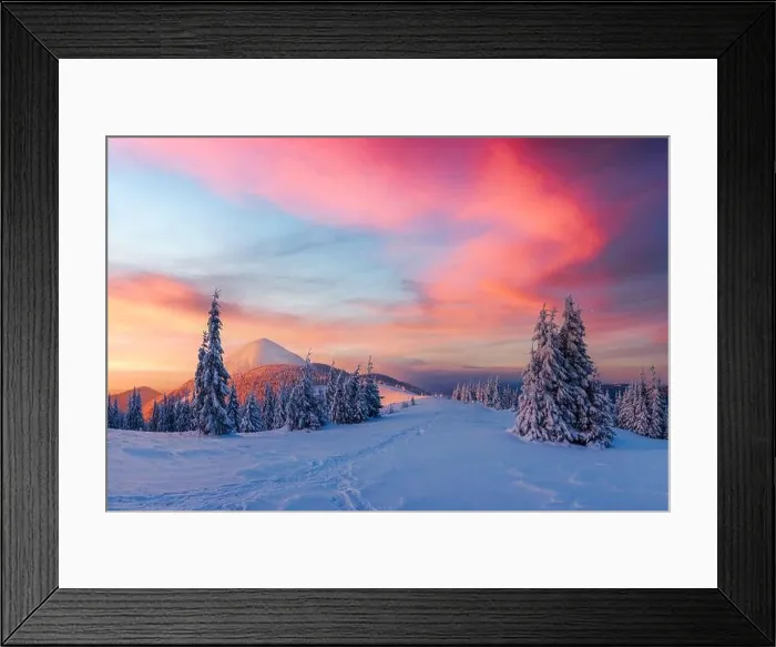 Framed Print : Fantastic winter landscape in snowy mountains glowing by morning sunlight. Dramatic wintry scene with frozen snowy trees at sunrise