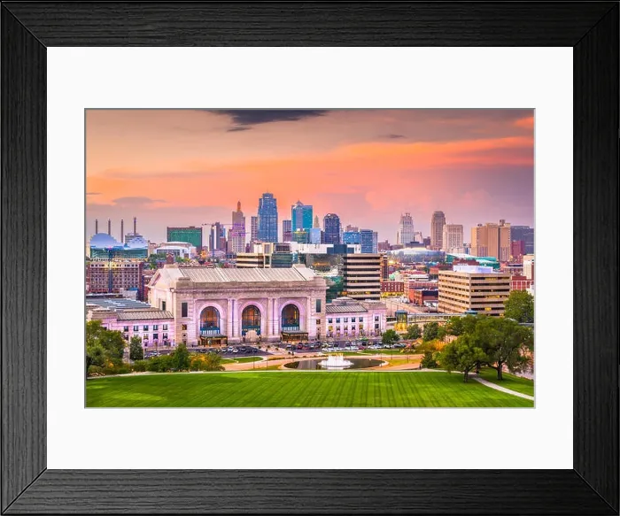 Framed Print : Kansas City, Missouri, USA downtown skyline with Union Station at dusk