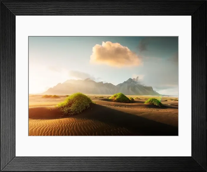 Framed Print : Famous grass hills on black desert near Stokksnes mountains. Vestrahorn cape, Iceland. Landscape photography