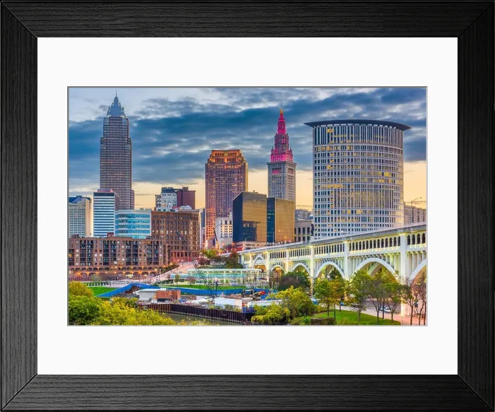 Framed Print : Cleveland, Ohio, USA downtown city skyline on the Cuyahoga River at twilight Framed Print : Cleveland, Ohio, USA downtown city skyline on the Cuyahoga River at twilight